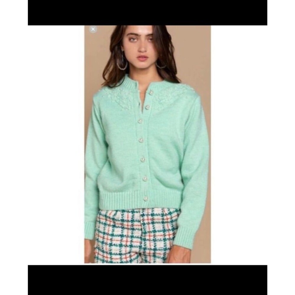 POL sweater POL cardigan MINT color womens small brand new faux pearls LUX